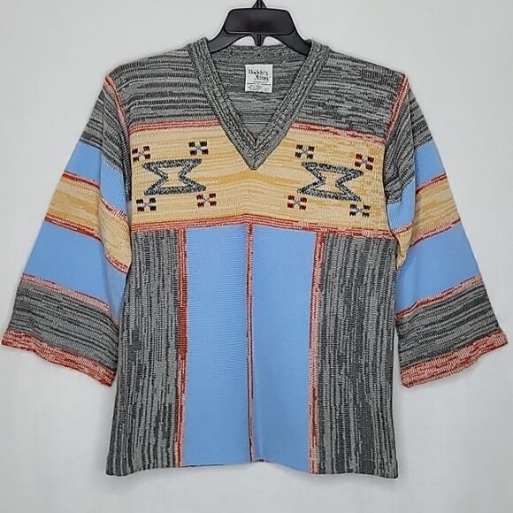 Daddy's Money 3/4 Wide Sleeve V Neck Aztec Print Vtg 70s Sweater Size Large - Picture 1 of 8